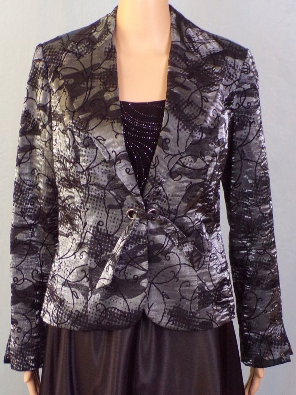 LENA GABIRELLE size 6 black/silver satin evening jacket rayon/polyester DC only